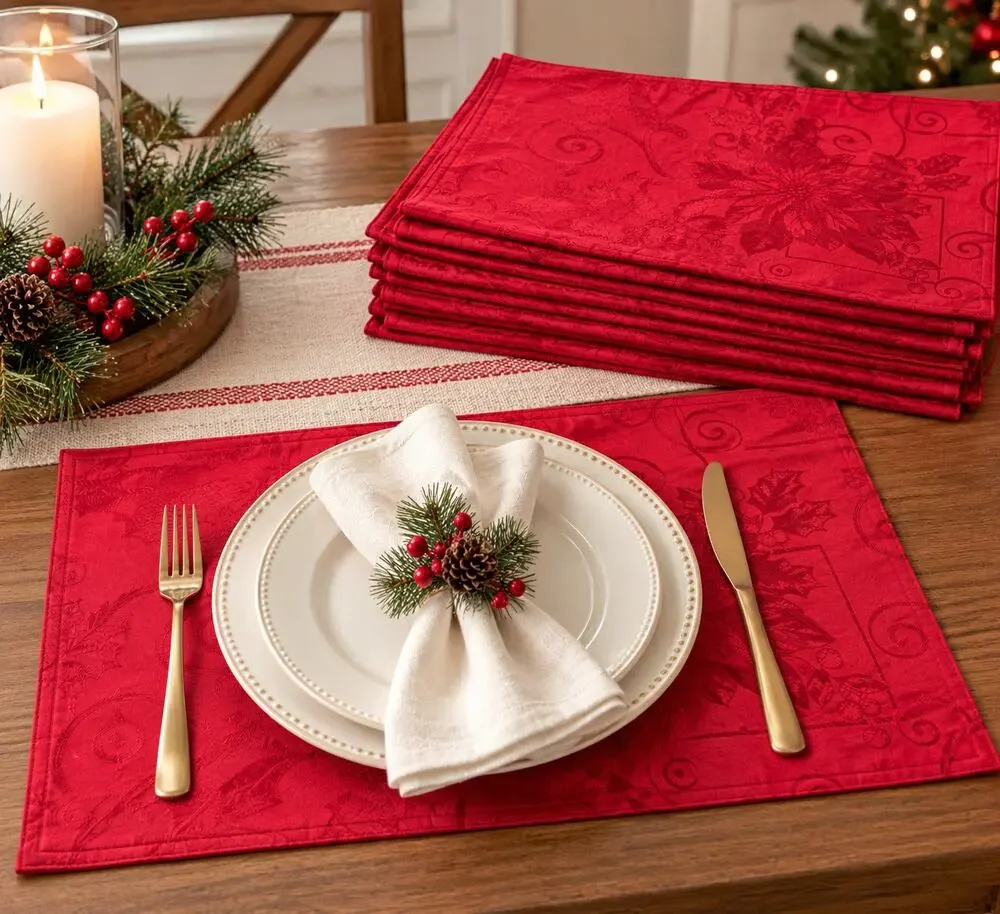 Christmas Poinsettia Red Jacquard Placemats Holiday Table Decor Set of 8